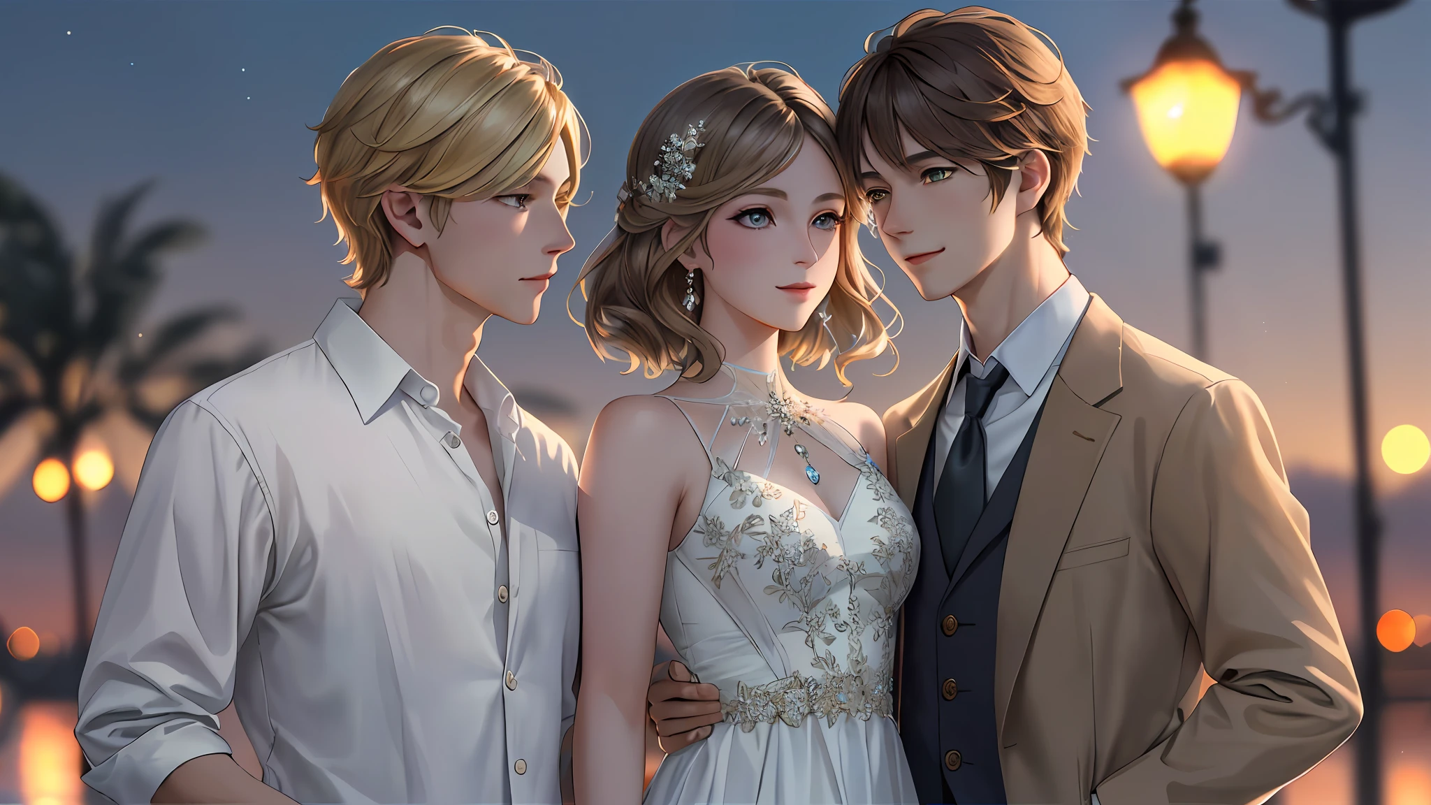 a high resolution, couple woman and man smiling, (masterpiece:1.2, best quality), 2 people, blonde girl with green eyes, handsome man with brown hair and brown eyes, (beautiful detailed faces), (detailed beautiful eyes: 1.2), (detailed 8k wallpaper, masterpiece, best quality, best shadow), (blurry detailed background), (depth of field, blurry, bokeh:1.2), (best illumination, an extremely delicate and beautiful), (male and female), semi-realistic, evening dramatic lighting, sunset,anime style drawing, in the background festival, sunset sky