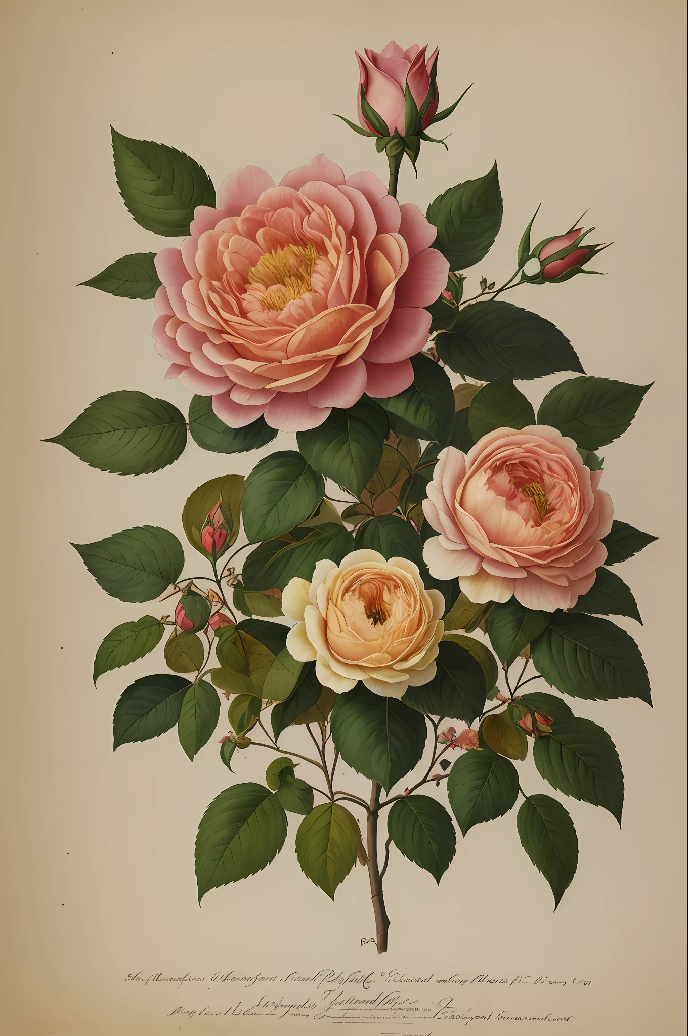(best quality:1.2), (detailed:1.2), (masterpiece:1.2), vintage botanical illustrations of Larger Provence Rose (1770 1775) in high resolution by John Edwards