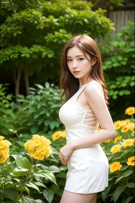 (Best Quality, Masterpiece: 1.2), Portrait, Breasts, Outdoor, 25-Year-Old Woman in the Garden: 2, White Miniskirt, (Pale Yellow Flower Confusion in the Background: 1.3) Same character, different costume, different angle, backlight: 1.5, rich skin detail: 1...