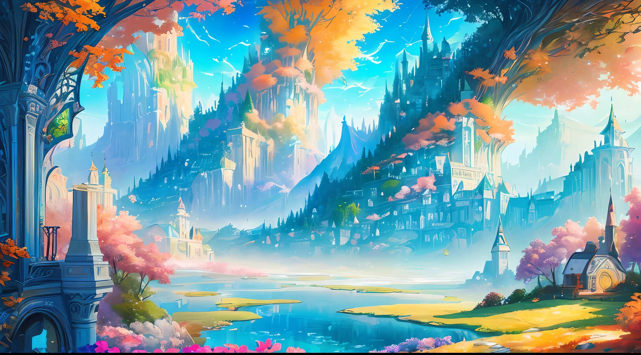 A painting of a castle in a fantasy setting with a river - SeaArt AI