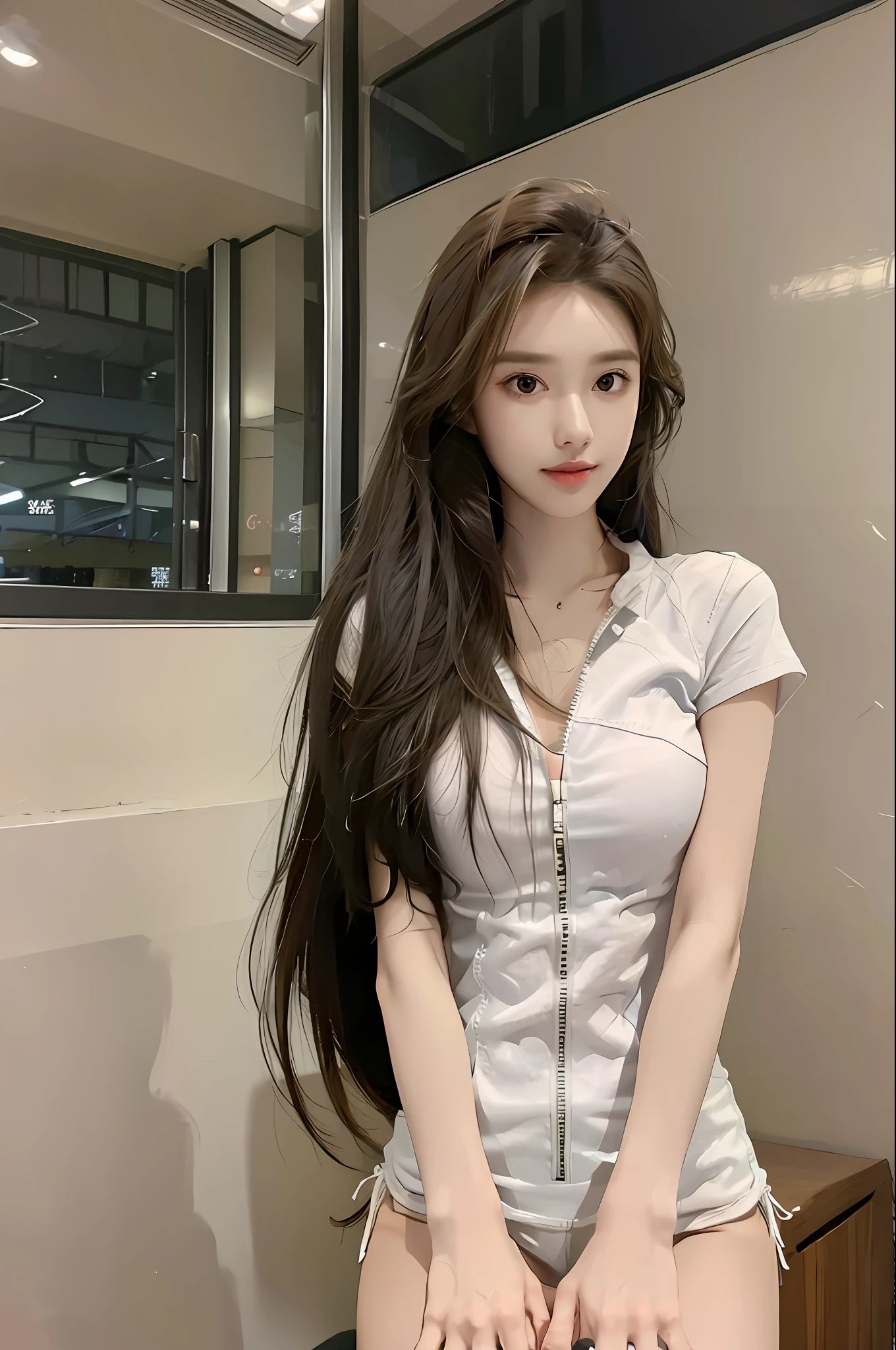 realistic, high resolution, 1 girl, long hair, korean,, loose white shirt, skinny denim shorts,, thighs, panties visible,