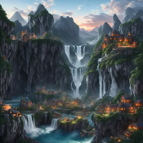 Realistic style, polygon, game architecture design, fantasy town surrounding a gorgeous waterfall emptying into a lake at dusk.