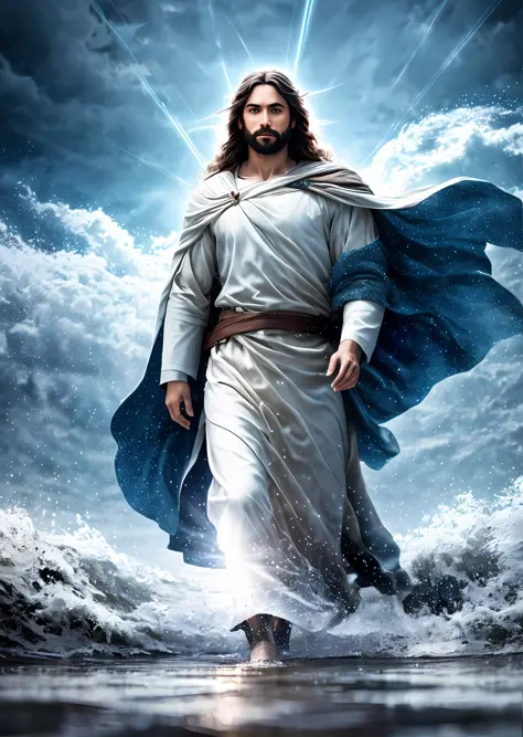 Jesus walking on water in a storm, gentle expression, streaks of light coming down from the sky, masterpiece, highest quality, high quality, highly detailed CG unit 8k wallpaper, award-winning photos, bokeh, depth of field, HDR, bloom, chromatic aberration, realistic, very detailed, trending at artstation, trending at CGsociety, complex, high detail, dramatic, mid-journey art, volumetric lighting