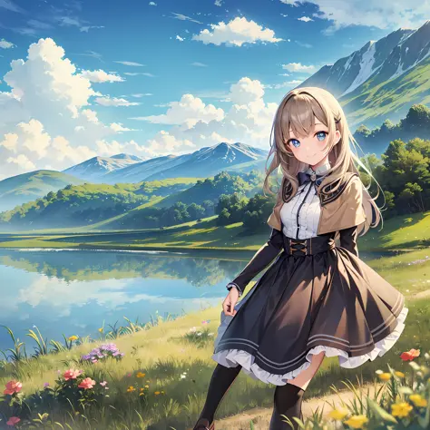 1girl, solo, light smile, mountain, lake, meadow, lolita, kneehighs, shoes, panorama, anime, masterpiece, best quality, anatomically correct, high details, 8K