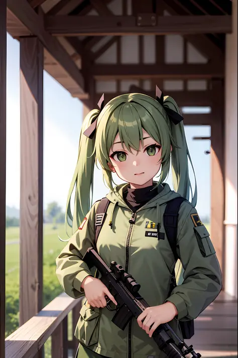 (((Masterpiece))),Superb Picture Quality,Ultra Detail,Ultra High Definition,(1 Girl),Twin Tails,Green Hair,Sniper Girl During War in Uniform with Rifle and Rifle,Infantry Girl,Mechanized Soldier Girl,Gwise's Style Artwork, Inspired by Rifle, Renmei, CGSOCI...