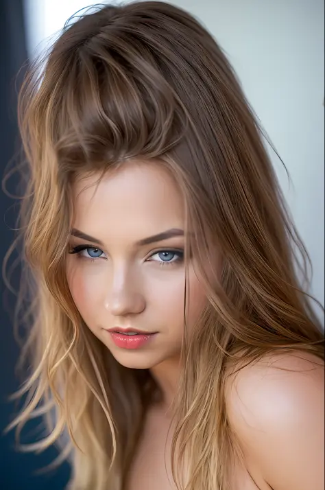 (to8contrast style), TaylorS, 8k RAW photo, highest quality, detailed blue hazelnut eyes, eye reflection, winged eyeliner, (looking at viewer: 1.3), better shadow, intricate details, interior, vibrant wavy Layers of long hair with a side, (blonde hair: 1.3...