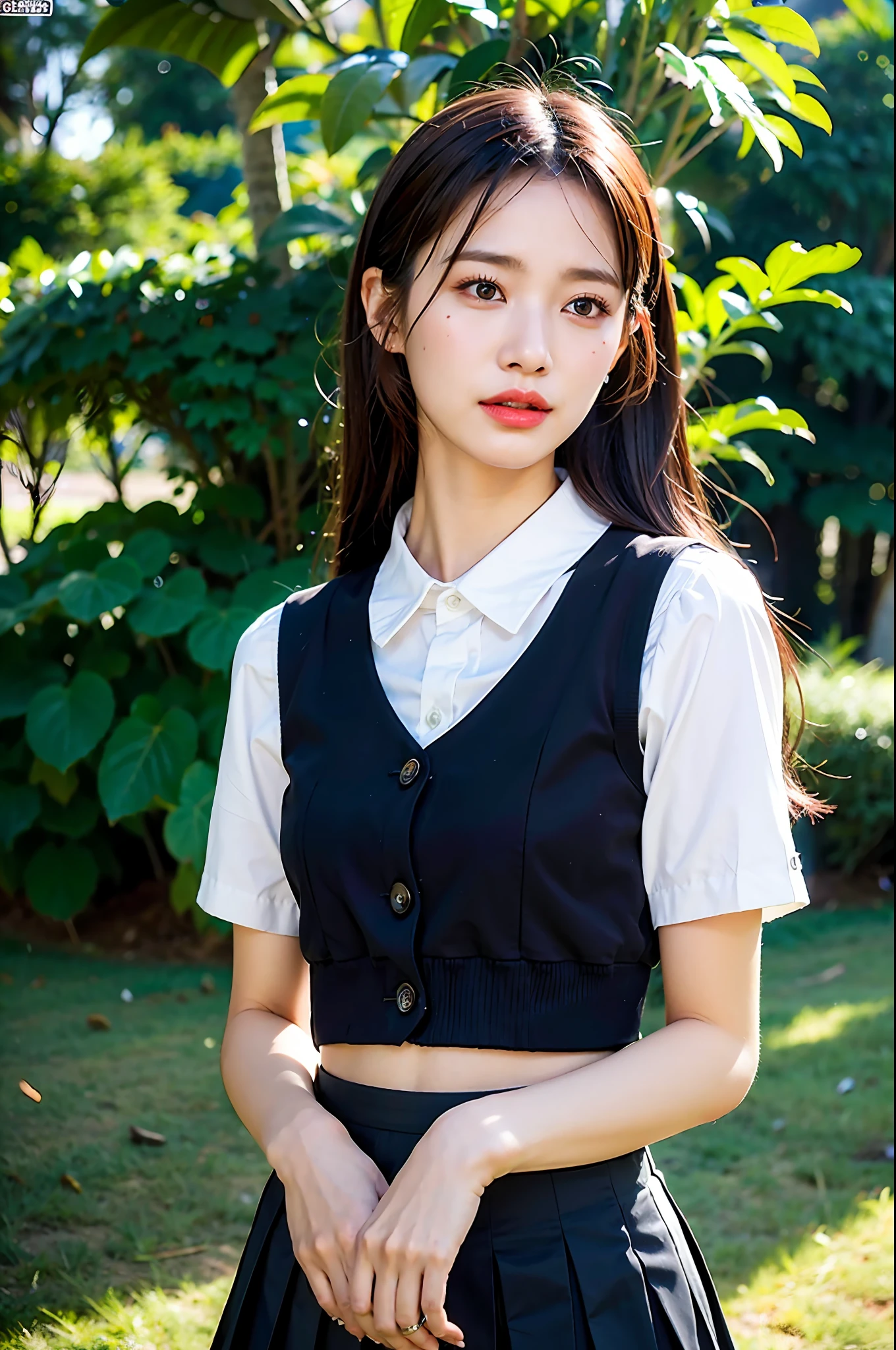 (8k, best quality, masterpiece: 1.2), (realistic, realistic, photorealistic: 1.37), two girls, hyper detail, beautiful detail eyes, beautiful detail nose, pleated skirt skirt black, upper body small vest, wide angle lens, photo, full body shot, outdoor background, camping