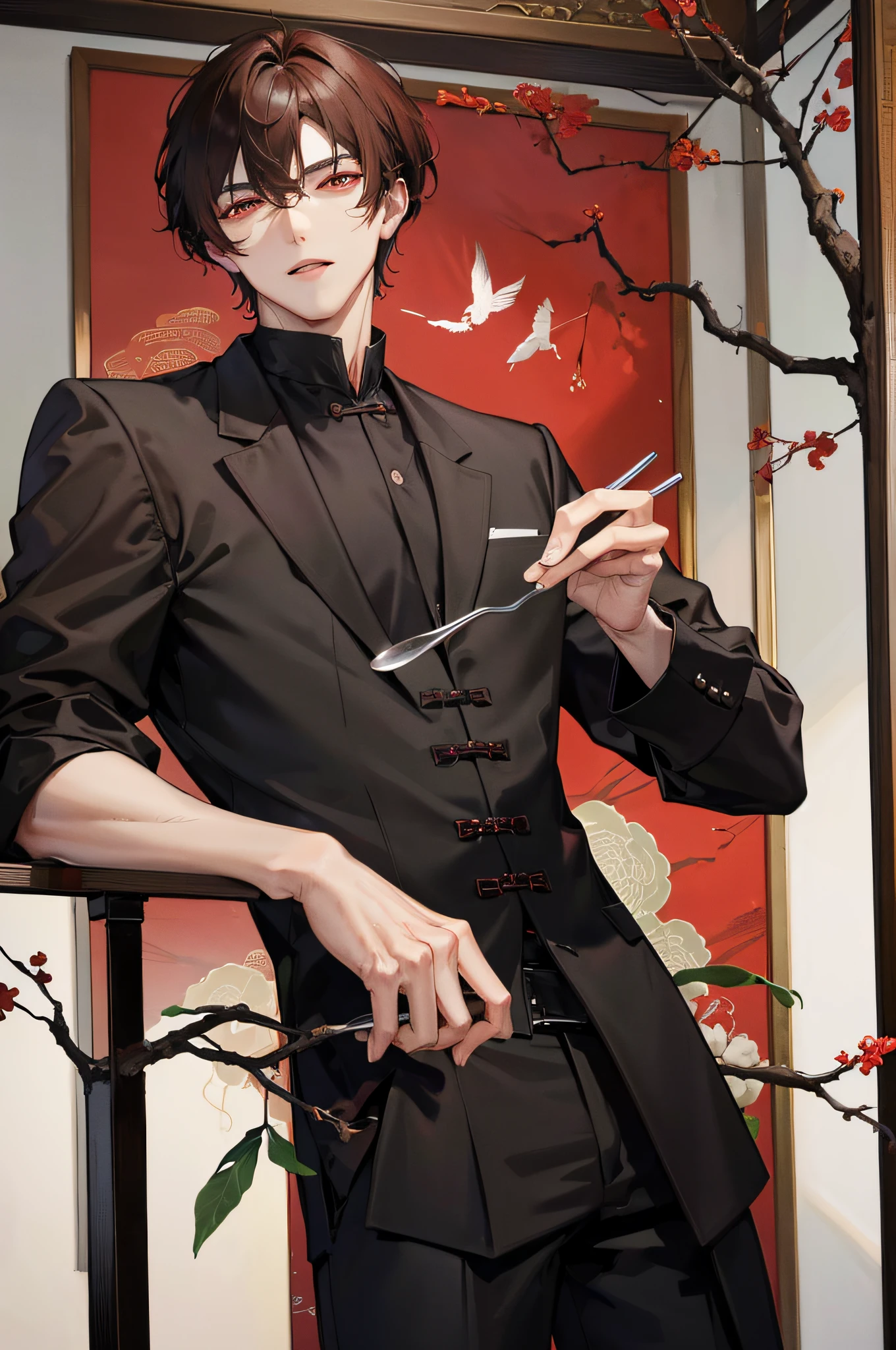 Anime guy in a black suit holding a knife and fork - SeaArt AI