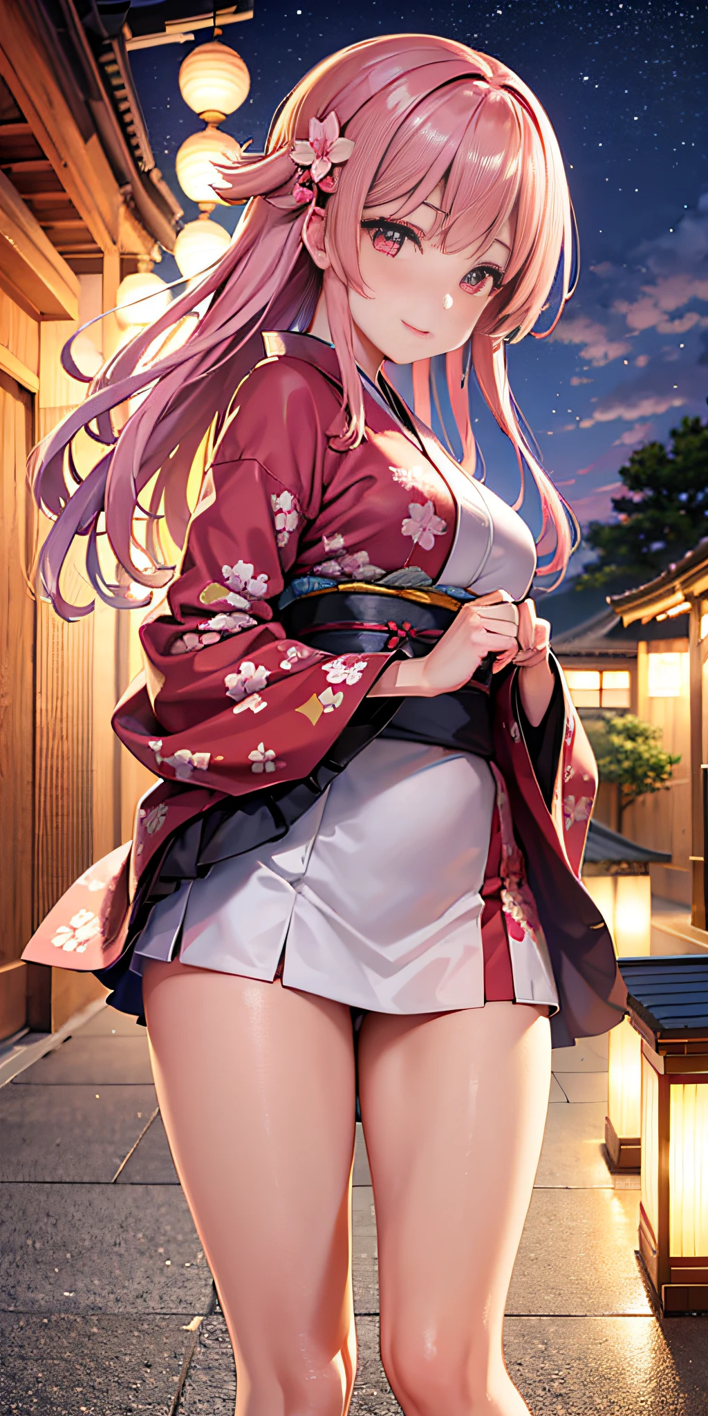 Super Detail 8K CG, Kimono, Perfect Face, Beautiful Face,, Big, Outdoor, Sakura, Temple, Viewer, Beautiful Night View, Beautiful Thighs