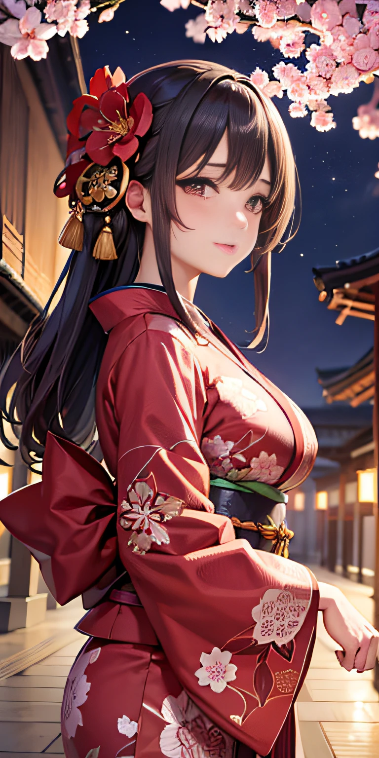 CG 8K súper detallado, kimono, cara perfecta, Hermoso rostro, mujer madura, grande, exterior, sakura, temple, espectador, Hermosa vista nocturna