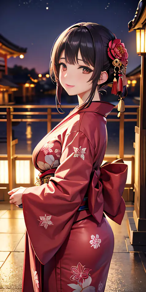 super detailed 8K cg, kimono, perfect face, beautiful face, mature woman, big, outdoor, sakura, temple, viewer, beautiful night view