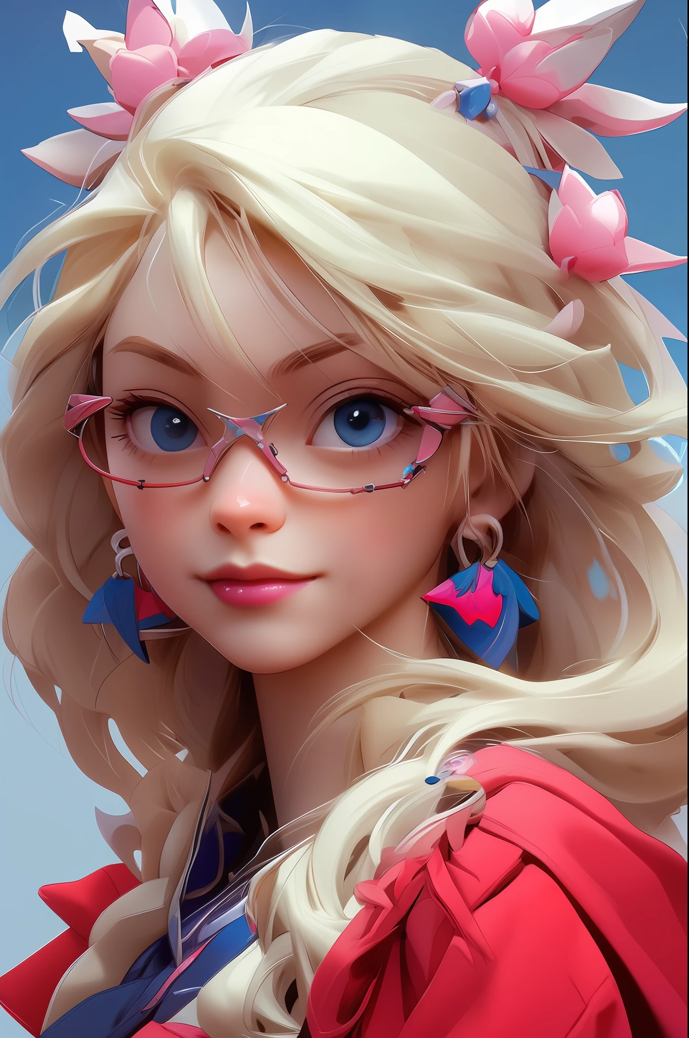 (NIJIFTB), a yellow hair, and long hair, and a cartoon character with glasses, wearing red armor and pink earrings, and a blue dress with pink flowers on the shoulders,