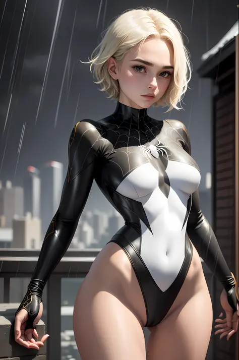 18 year old girl, white and black spider man suit, golden spider in the middle of the chest, short and uncut hair, blonde, beautiful face, rain, roof, masterpiece, intricate details, perfect anatomy
