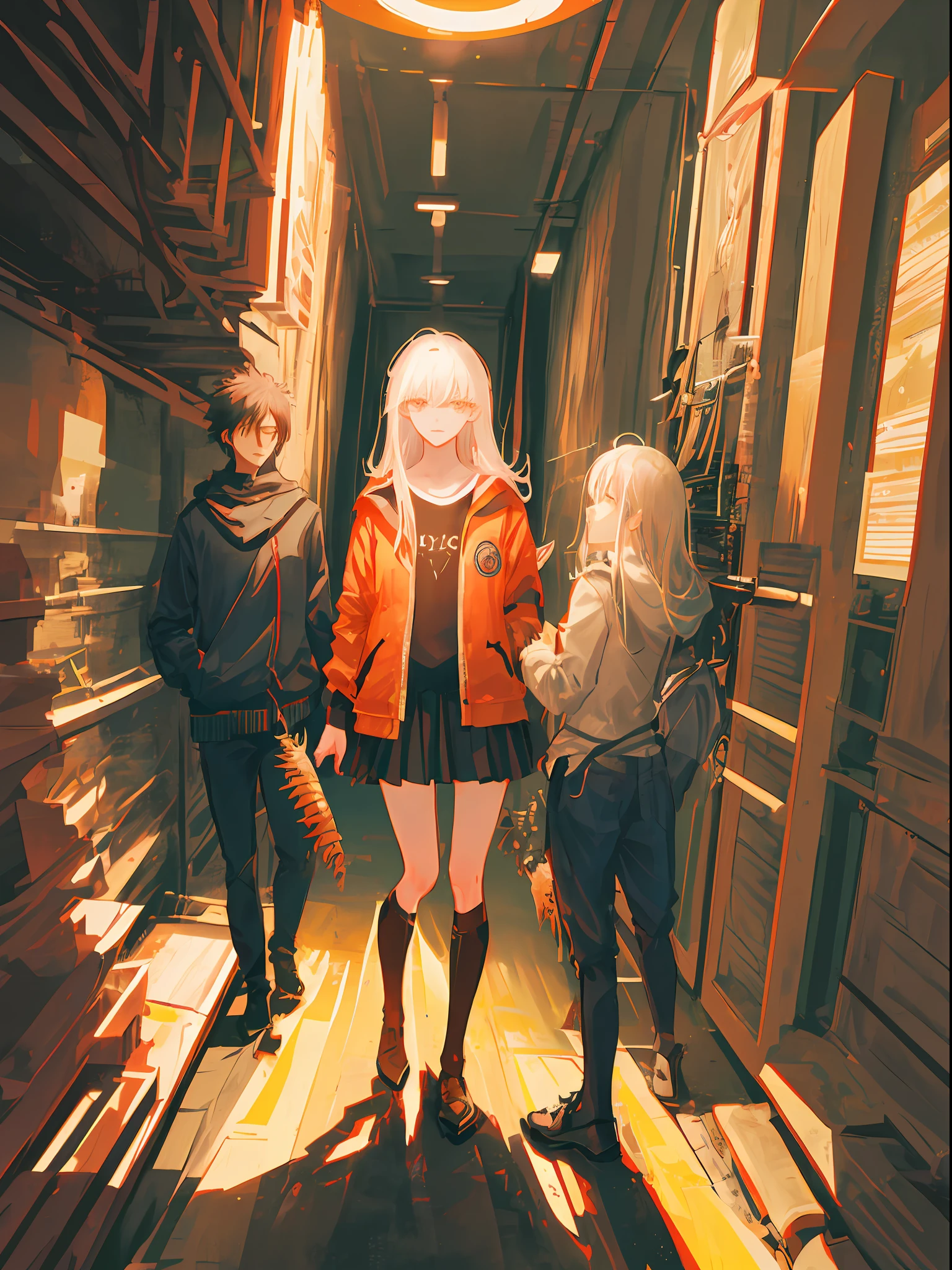 Anime characters standing in a hallway with a light shining on them -  SeaArt AI