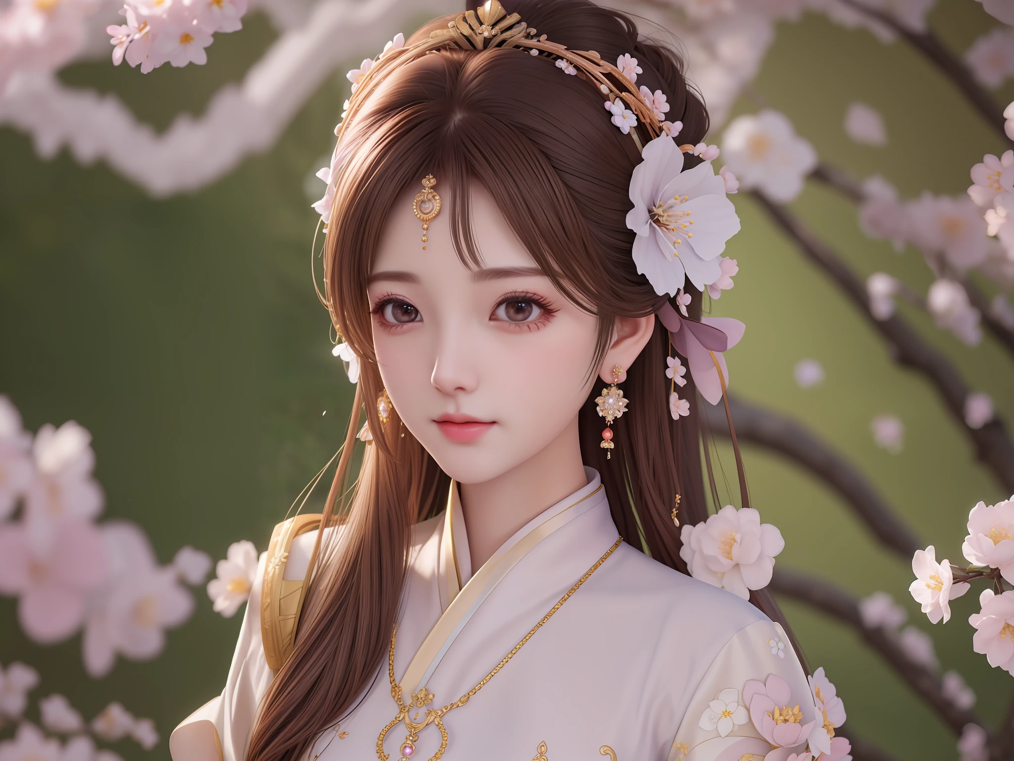 masterpiece,extremely detailed CG unity 8k wallpaper,1girl, beautiful, realistic, blurry, blurry_background, blurry_foreground, branch, brown_hair, hair_bow,crown,plum blossom, depth_of_field, earrings, flower, jewelry, nose, realistic, solo,fingers hidden, arms hidden,empress, full body