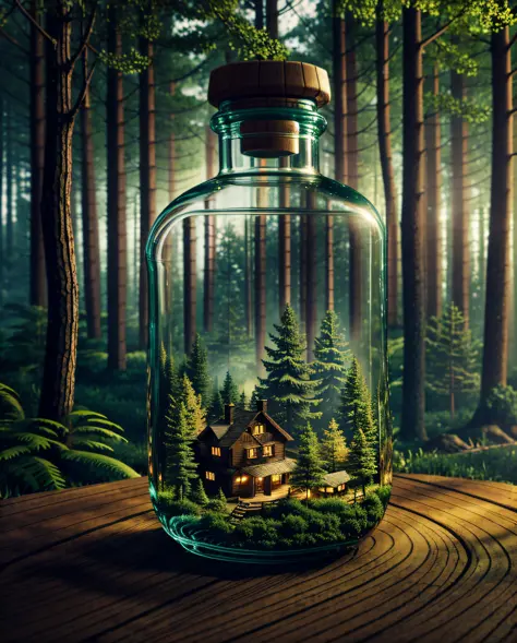 (a complex forest town landscape trapped in a bottle), atmospheric oliva lighting, on table, 4k UHD, dark atmosphere, ultra-detailed, vivid colors forest background, epic composition, octane rendering, sharp focus, high resolution isometric