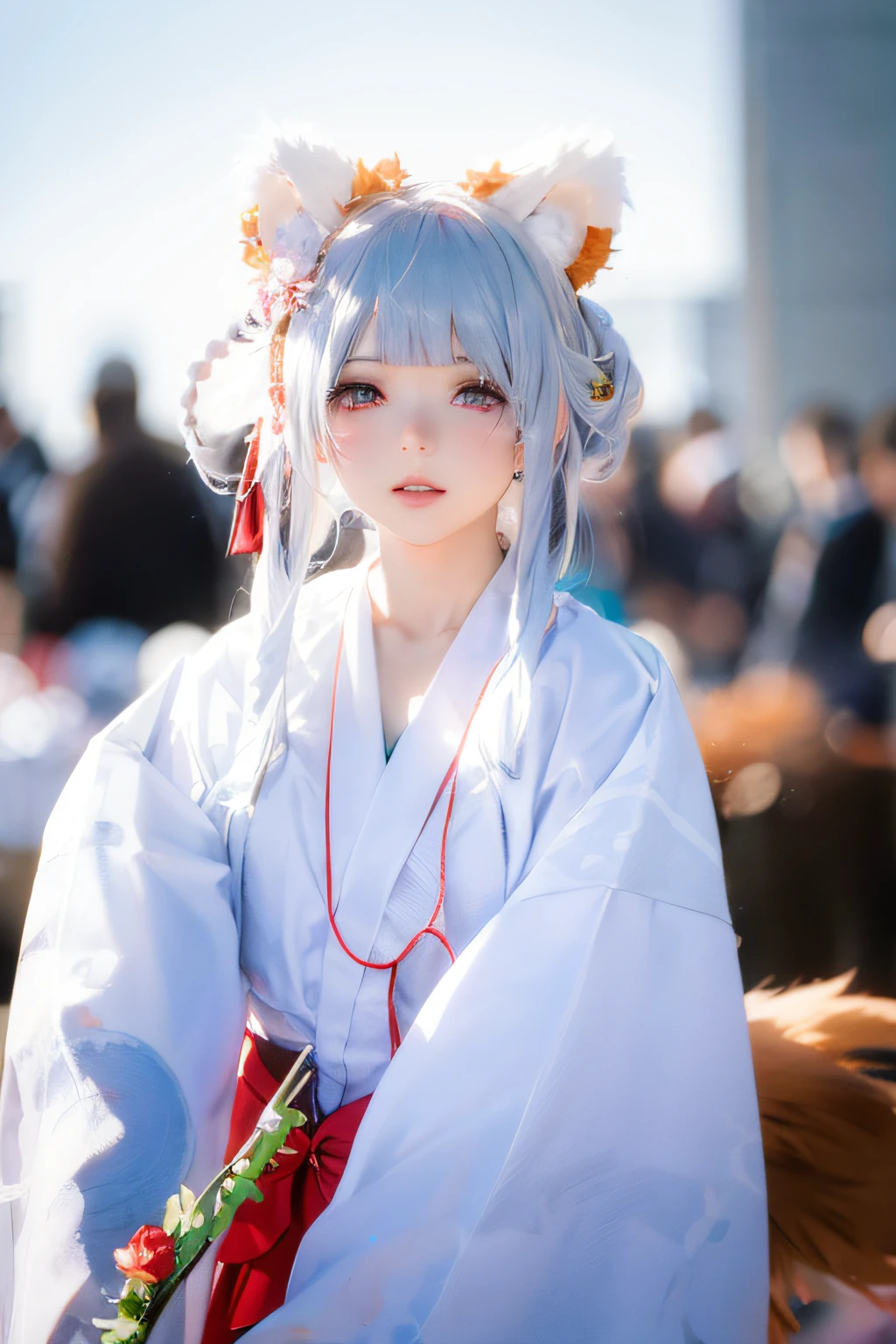 A close up of a person in a white dress with a flower in her hair