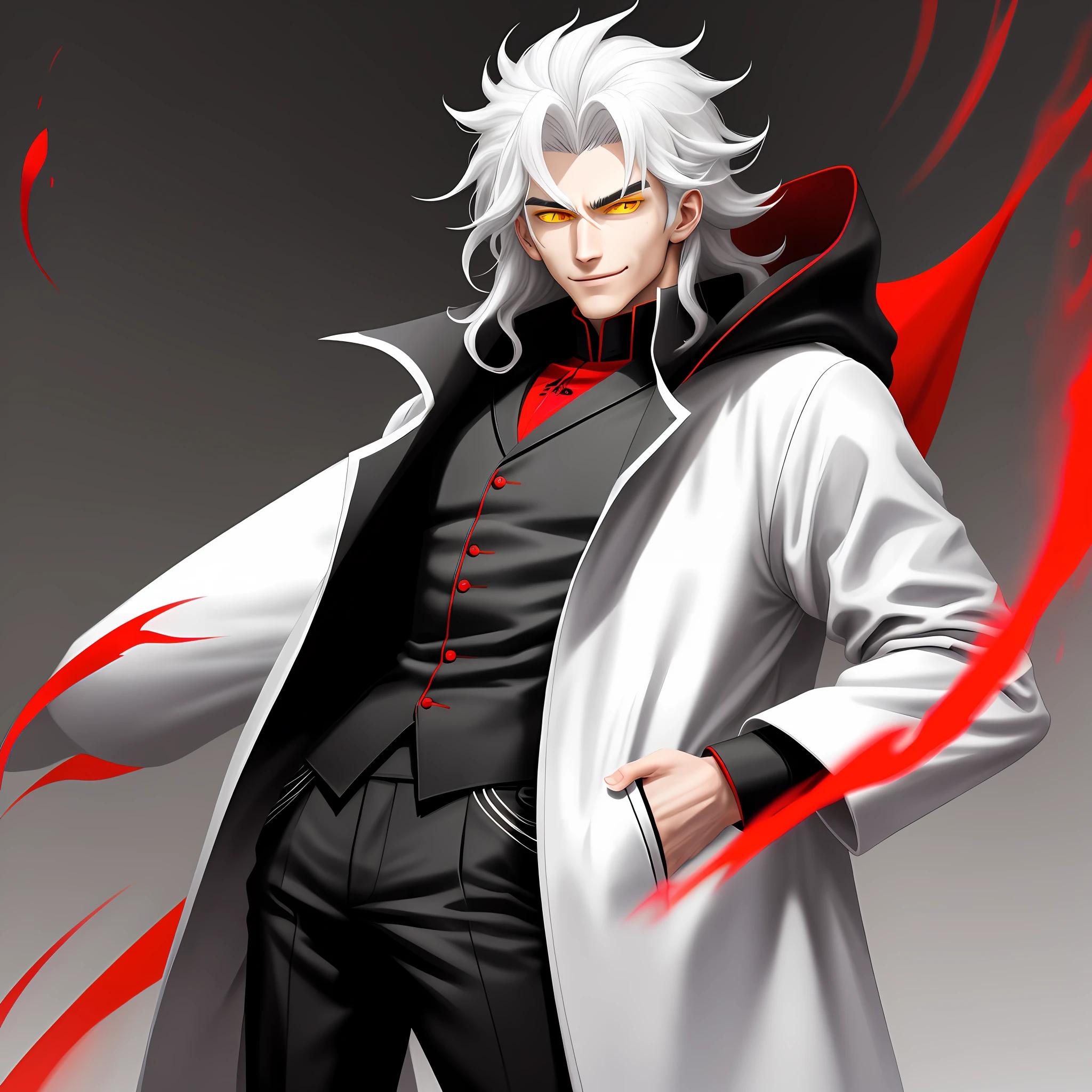 A man in a white coat and black pants with red eyes - SeaArt AI