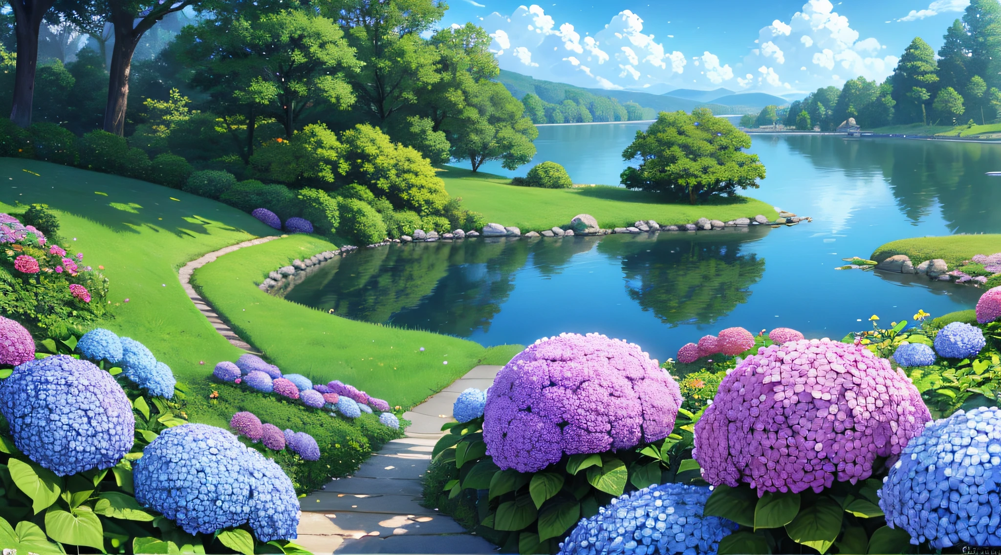 Hydrangeas, park, lake, small hill, pebble path - SeaArt AI