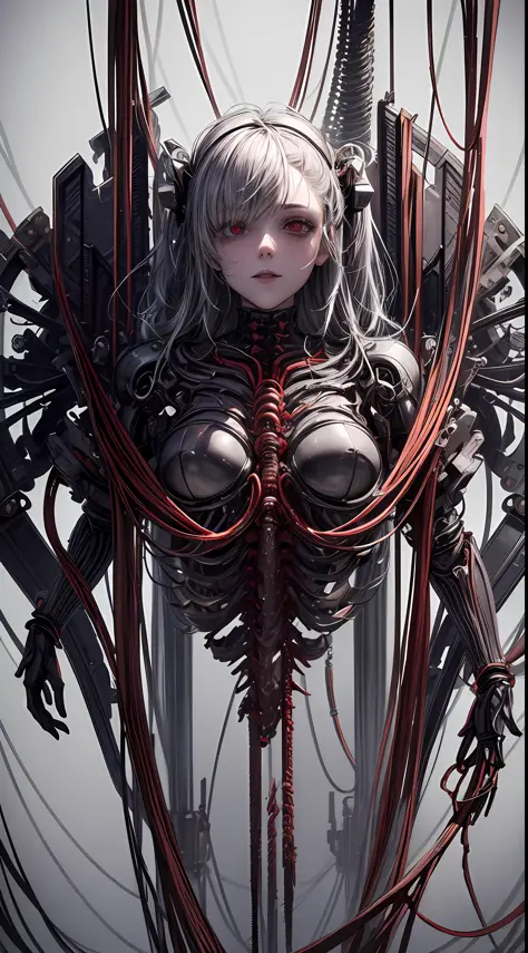 (((Masterpiece))), ((Best Quality)), (Super Detail), (CG Illustration), (Very Evil and Beautiful)), Cinematic Light, ((1 Mechanical Girl)), Single, (Mechanical Art: 1.4), ((Mechanical limb)), (Blood vessel attached to a tube), ((Mechanical spine attached t...
