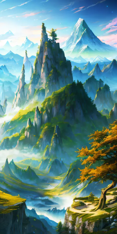 There is a beautiful mountain view, impressive fantasy landscape, anime nature, detailed scenery - width 672, majestic natural scenery, anime landscape wallpaper, epic beautiful scenery, epic fantastic fantasy landscape, anime landscape, amazing landscape,...