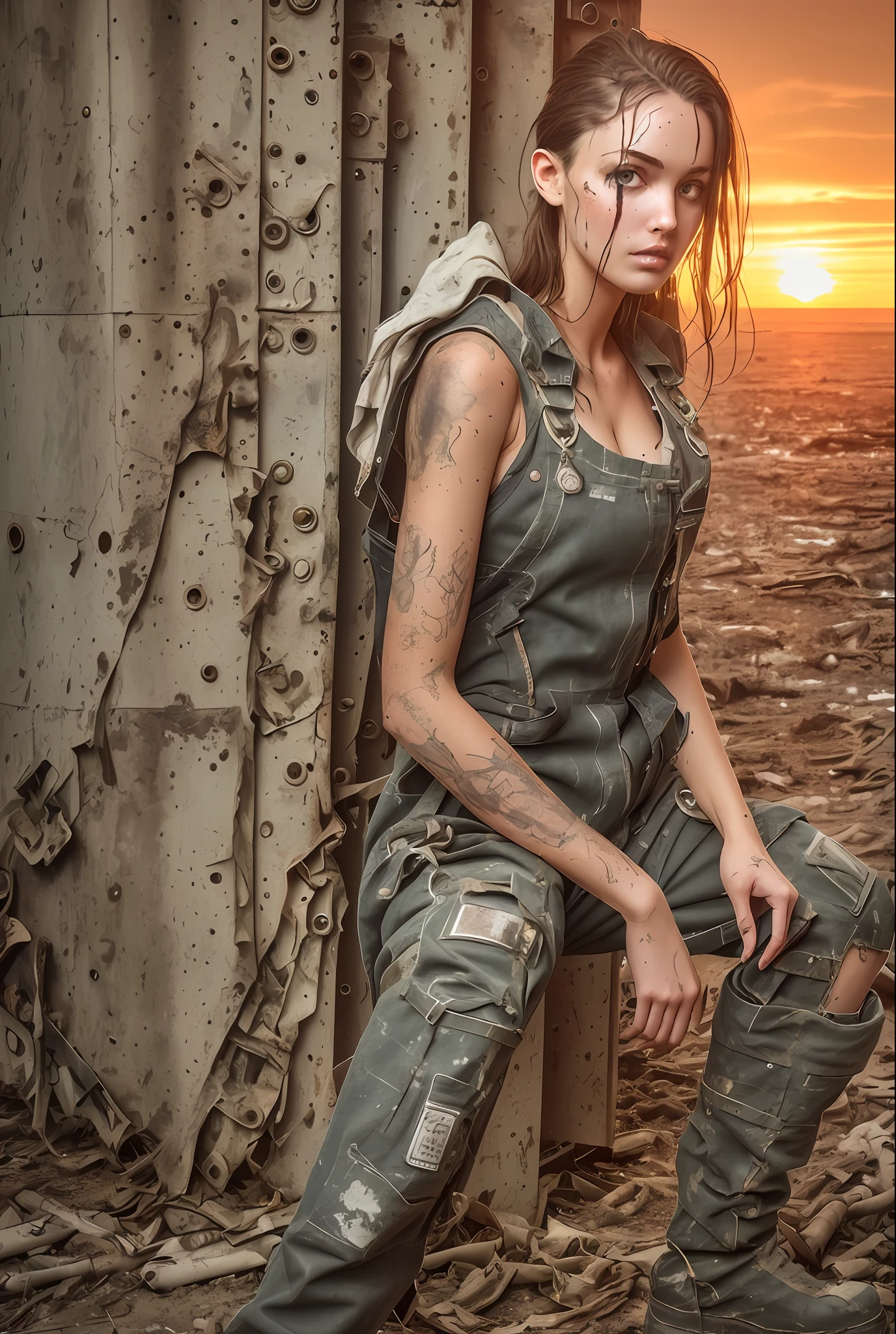 (from_below:1.2), (modelshoot style), (detailed realistic face), ((woman mechanic wearing tattered worn-out stained military overalls)), covered by overalls, (sitting in tight cramped greasy cockpit of a post-apocalyptic hydraulic exoskeleton), sunset, grunge, oily, sweaty, dirty, ripped