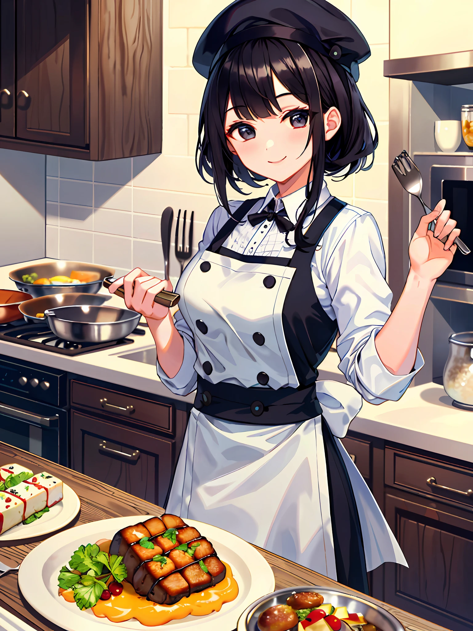 (Meisterwerk, Top Qualität, detaillierter Hintergrund, komplizierte Details), schicke Küche, 1 Mädchen, chef, Kochen, Schwarzes Haar, chef hat, chef uniform, lächeln