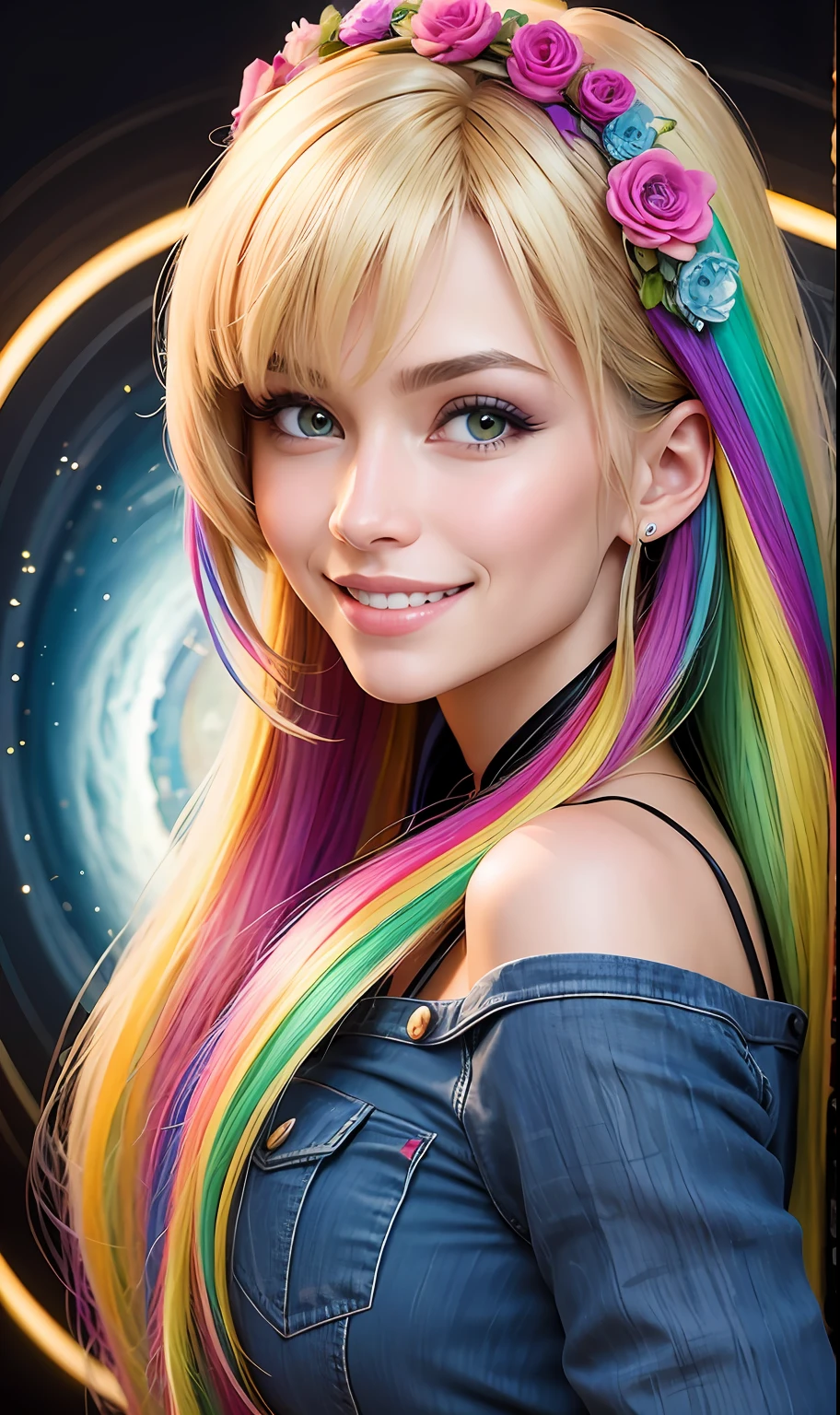 masterpiece, best quality, (realistic, highly detailed), vortex hair, multicolored, (((BIG SSMILE)))