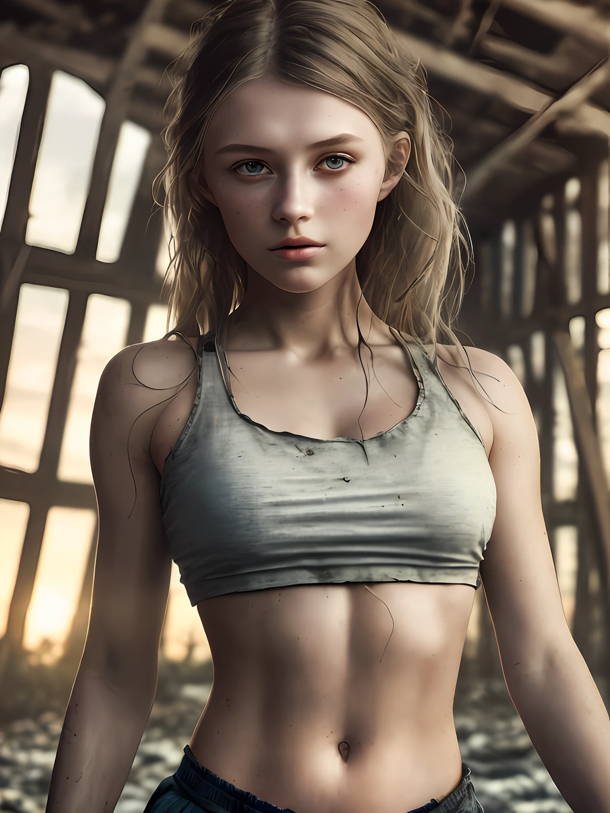 Dark background, hyper real photo of ((beautiful young russian woman inside a cluttered barn wearing worn-out torn cotton croptop)), abs, model posing, ((detailed realistic face and eyes)), cinematic lighting, 8k resolution, (modelshoot style), sunset, (from_below:1.4), soft small covered by (ripped torn cotton tanktop), natural breasts