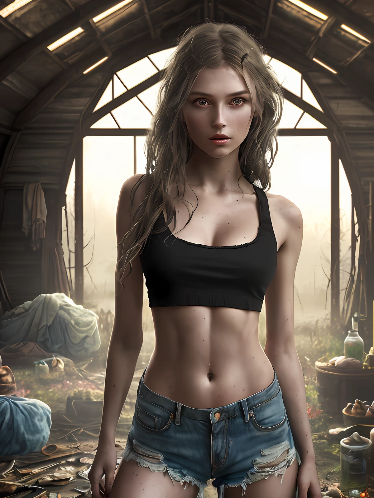 fundo escuro, Foto hiper real de ((Mulher russa jovem bonita dentro de um celeiro desordenado vestindo croptop de algodão rasgado desgastado)), escapes de the pursuit of a scary zombie, Abdômen, modelo posando, ((rosto e olhos realistas detalhados)), iluminação cinematográfica, Resolução 8k, (estilo de sessão de modelo), pôr do sol, (de_abaixo:1.4), macio pequeno coberto por (regata de algodão rasgada e rasgada), seios naturais