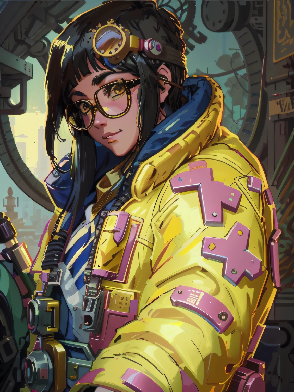 A portrait of kljy, yellow jacket,  with a steampunk setting, highly detailed, with intricate machinery and accessories, in the art style of artists like Jules Verne, H.G. Wells, Hayao Miyazaki, and Simon Stlenhag.