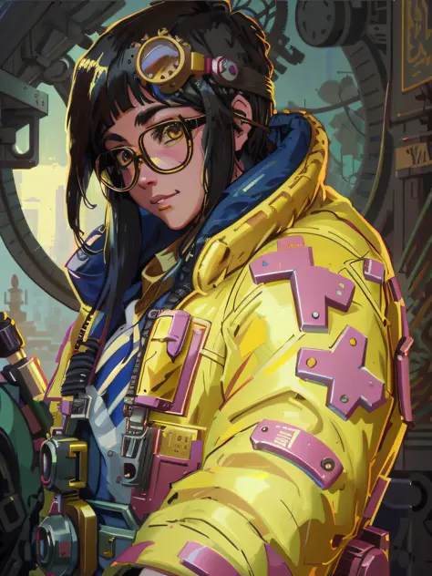 A portrait of kljy, yellow jacket,  with a steampunk setting, highly detailed, with intricate machinery and accessories, in the ...