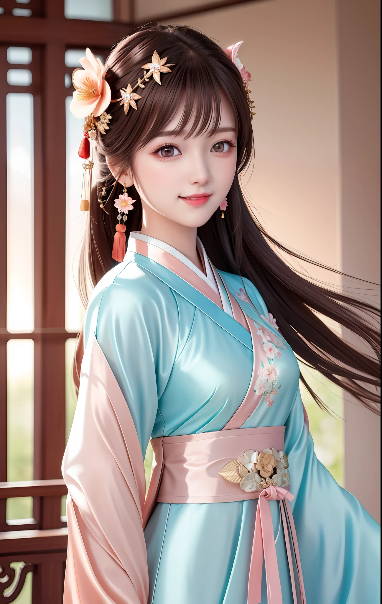 Awesome, Masterpiece, High Resolution, 1Girl, Blush, (Seductive Smile: 0.9), Star Pupil, Chinese Hanfu, Jewelry, Beauty, on_body, Tyndall Effect, Realistic, Peach Blossom Forest, Light Edge, Two-tone Lighting, (High Detail Skin: 1.2), 8K UHD, DSLR, Soft Light, High Quality, Volume Lighting, Candid Photo, High Resolution, 4K, 8K, Background Bokeh