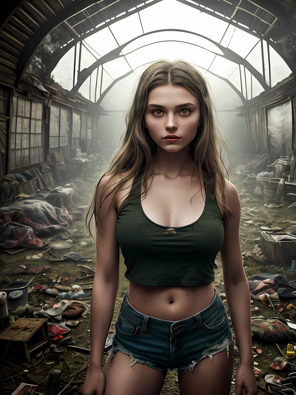 Dark background, hyper real photo of ((beautiful young russian woman inside a cluttered barn full of zombies wearing worn-out torn cotton croptop)), escapes from the pursuit of a scary zombie, abs, model posing, ((detailed realistic face and eyes)), cinematic lighting, 8k resolution, (modelshoot style), sunset, (from_below:1.4), soft small covered by (ripped torn cotton tanktop), natural breasts