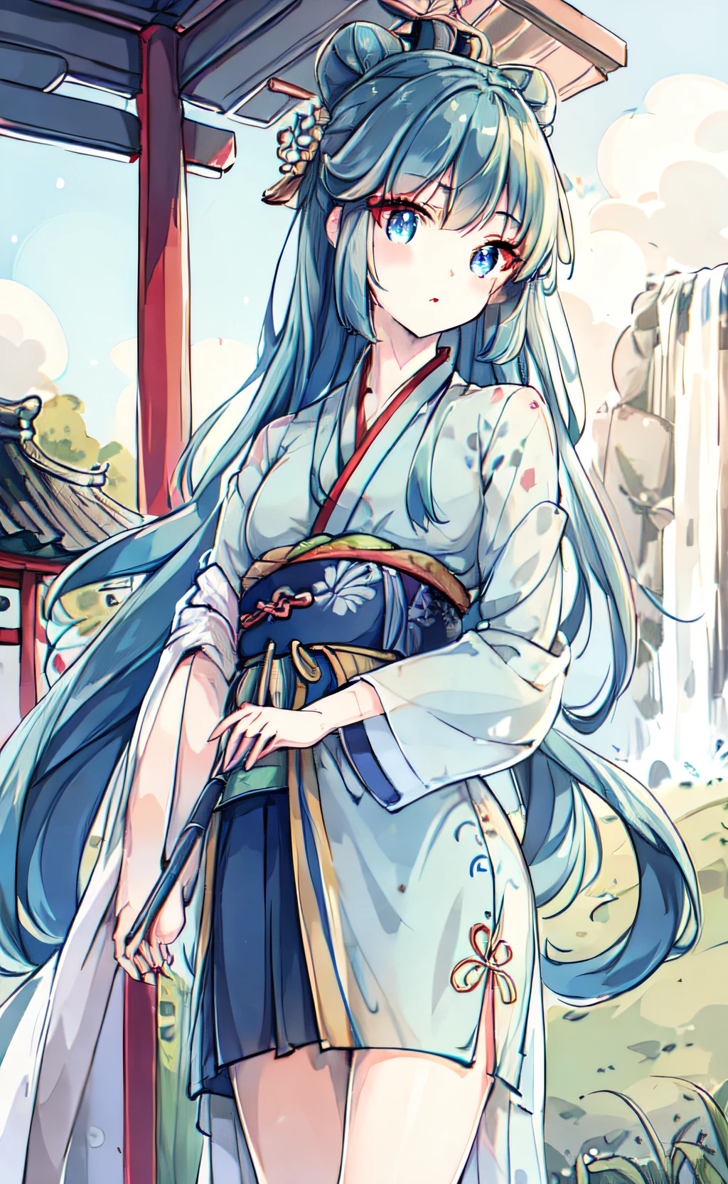 ru_qun,  hanfu, 1girl, blue eyes, glowing eyes, cute face, detailed eyes,  green hair, very long hair, (cowboy shot:1.2), wide-eyed,  standing on one leg, original_outfit, (hanfu), clear details,masterpiece, best_quality, clear details,  kawaii, ancient chinese,  waterfall, outdoors, clear sky, spring, chinese building, after rain,