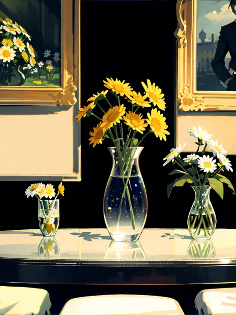 there are a bunch of daisies in a glass vase on a table, daisies, by alison geissler, by sylvia wishart, inspired by pieter clae...