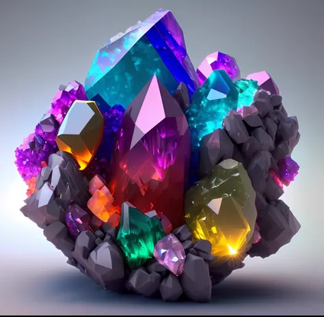 a close up of a cluster of colorful crystals on a gray surface, colourful 3 d crystals and gems, colourful 3d crystals and gems, colourful 3 d crystals, colorful crystals, made of multicolored crystals, 3 d ray traced crystals and gems, ornate colored gems...