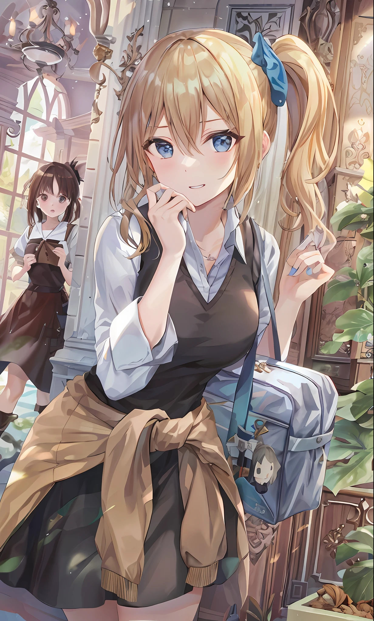 Anime girl with ponytail hair and blue eyes standing in front of a building  - SeaArt AI