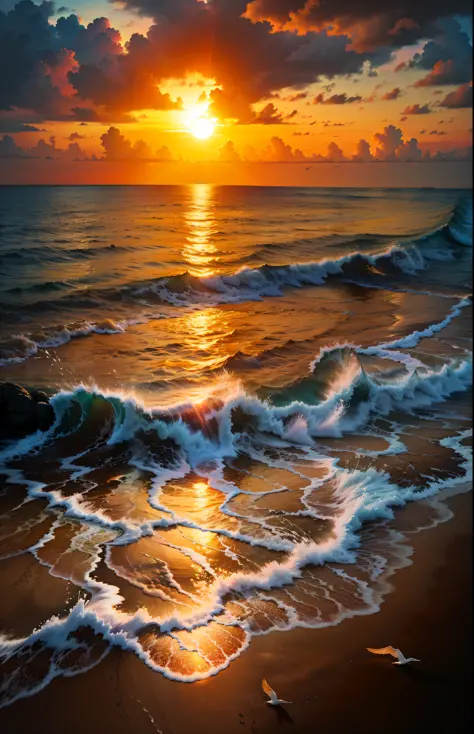 An absolutely mesmerizing sunset over the beach, with a blend of oranges, pinks, and yellows filling the sky. Crystal-clear waters of the sea gently kissing the shore, with sandy white beach stretching far and wide. The scene is dynamic and breathtaking, w...