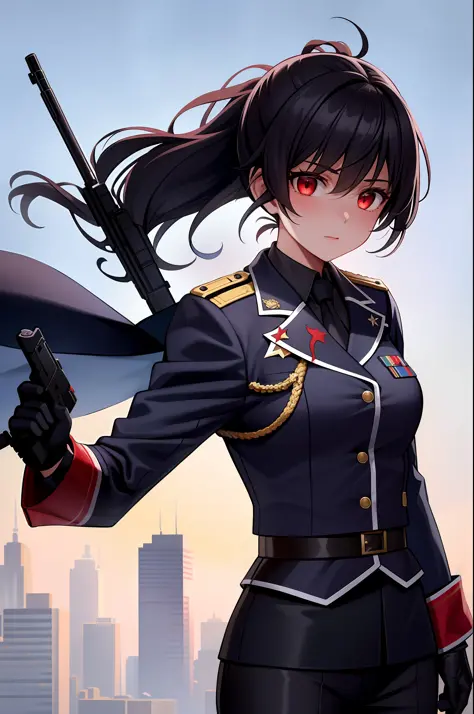 1 girl, folded_ponytail, bloodstained gloves, gun, military, military_uniform, rifle, sky, solo, upper_body, weapon
Look at the audience, masterpieces, the best quality,