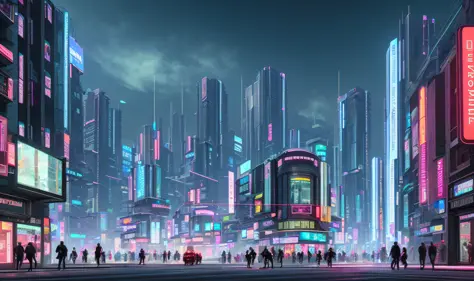 Vision of a neighborhood in a cyberpunk city, with several irregular constructions, shops, residences, people walking in the str...