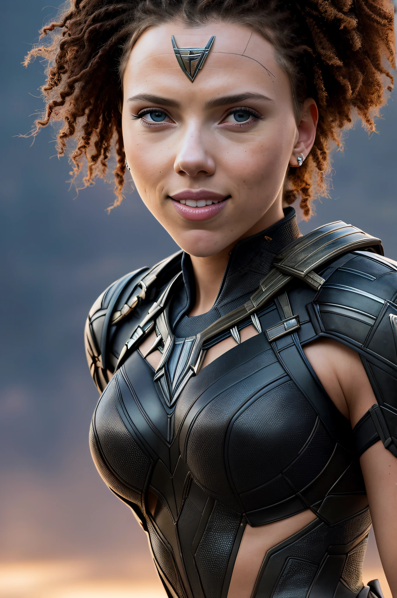 sexy woman Scarlett Johansson in Black Panther costume movie Wakanda Forever, night, soft lighting, dynamic angle, realistic lighting, smiling, happy, Wonder Woman movie scene background, photo by Brooke DiDonato, (natural skin texture, hyperrealism , soft light, sharp: 1.2), (complex details: 1.12), hdr masterpiece, best quality, (highly detailed photo: 1.1), 8k, photorealistic, (SFW),