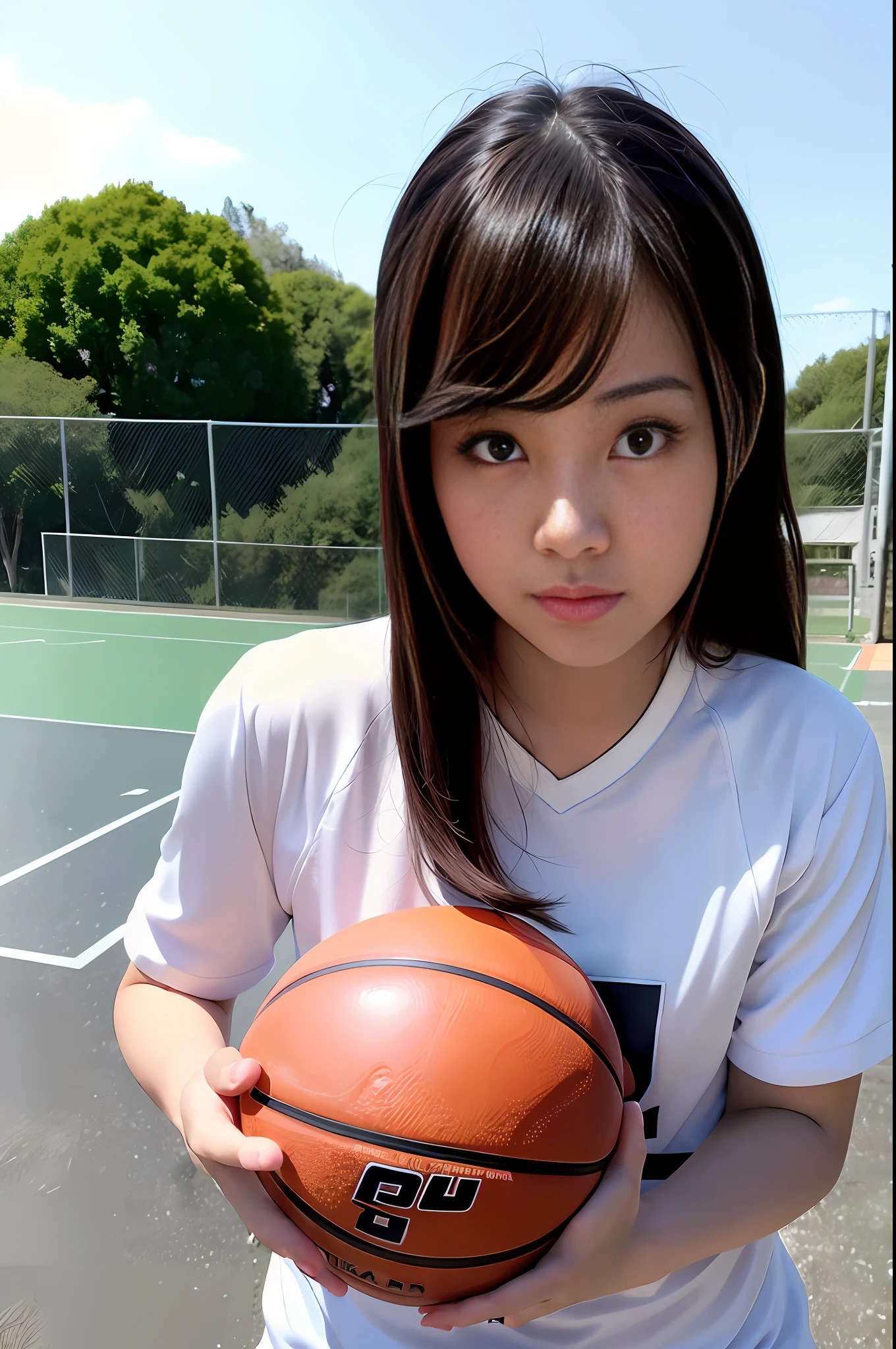 (8k, Best Quality, Masterpiece: 1.2), (Realistic, Realistic: 1.37), Ultra Detailed, Best Quality, Ultra High Resolution, Professional Lighting, Photon Mapping, Radiosity, Physically Based Rendering, Cinematic Lighting, Basketball Court, Depth of Field, Sharpness focus, sunlight, good composition, (bokeh: 1.2) 1girl, solo, (full body), (closed mouth), beautiful and detailed eyes, pose, narrow waist, basketball uniform, black hair, messy hair, long hair blowing in the wind, (ulzzang-6500:1.2) mix4, hiqcgbody
