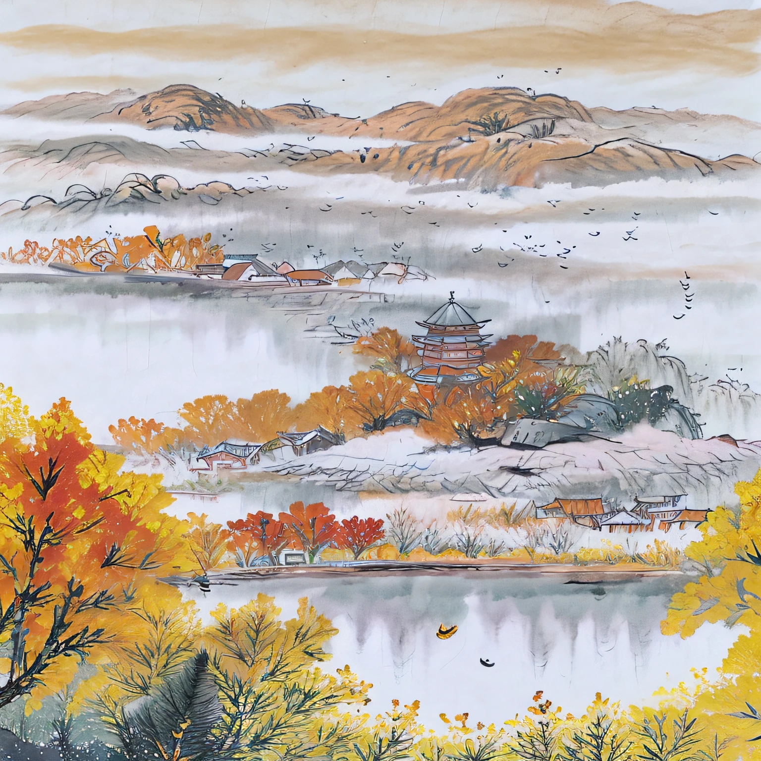 ((materpiece)), ((best quality)), ((high-res)), ((Ink wash)), ((artist)), ((extremely detail)), a Chinese tower, autumn, golden trees, autumn_leaves, birds Chinese painting, leaf, maple_leaf, mountain, lake, mountainous_horizon, no_humans, outdoor, landscape, sky, sunset, tree, zulishisong_style_willow_tree, blurred distant landscape, BATMAN