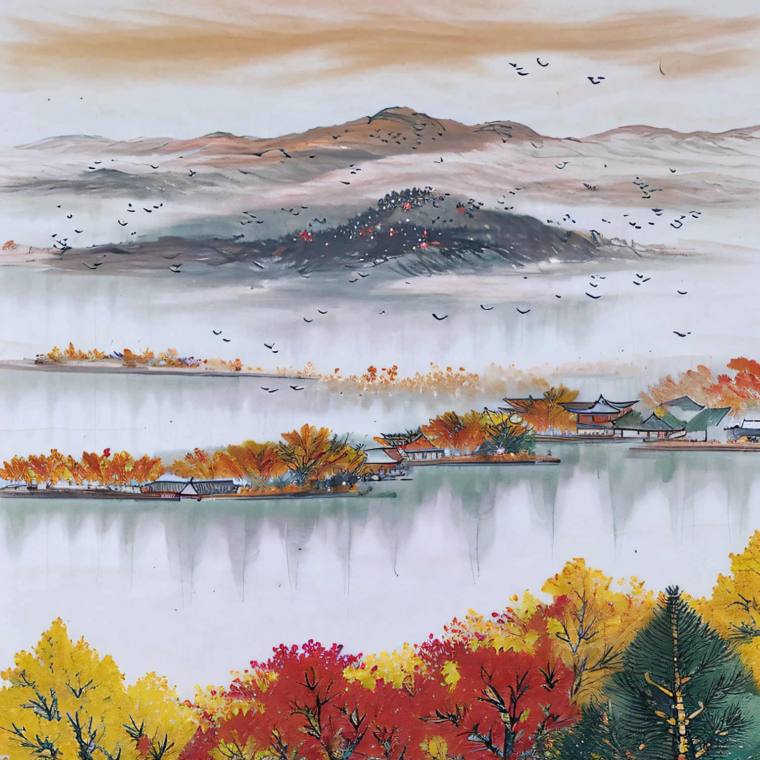 ((materpiece)), ((best quality)), ((high-res)), ((Ink wash)), ((artist)), ((extremely detail)), a Chinese tower, autumn, golden trees, autumn_leaves, birds Chinese painting, leaf, maple_leaf, mountain, lake, mountainous_horizon, no_humans, outdoor, landscape, sky, sunset, tree, zulishisong_style_willow_tree, blurred distant landscape, BATMAN