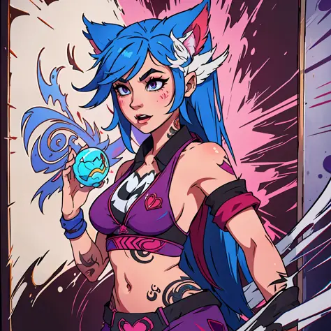 ahri lol, vi lol, such traits as from neo traditional tattoos, traces of graffiti, aggressive thick strokes, drawing, digital painting, 2 dimensions, ultra detailed