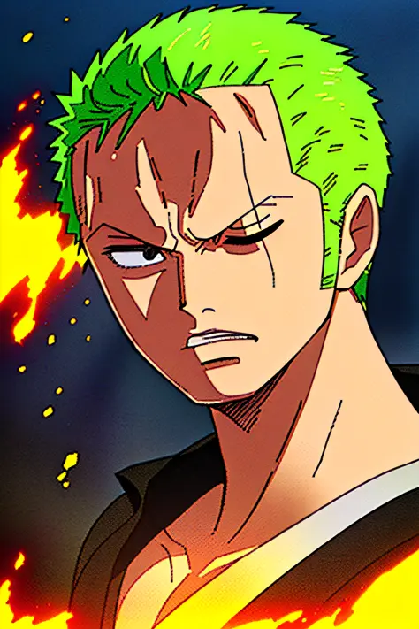 1boy, wanostyle, roronoa zoro, angry looking, katana,  (one eye closed),  scar across eye,  green hair. solo, upper body, (((masterpiece))), ((best quality)), (extremely detailed), watercolor, illustration, depth of field, sketch, dark intense shadows, sha...