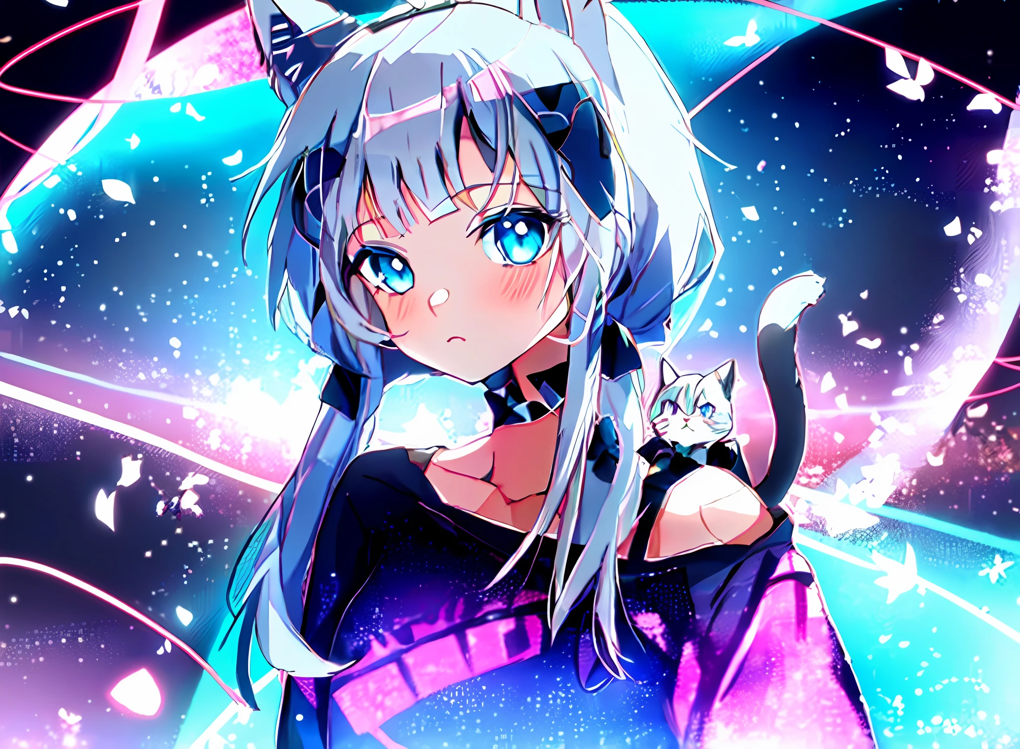 anime girl with cat ears and blue eyes with a bow, anime girl with