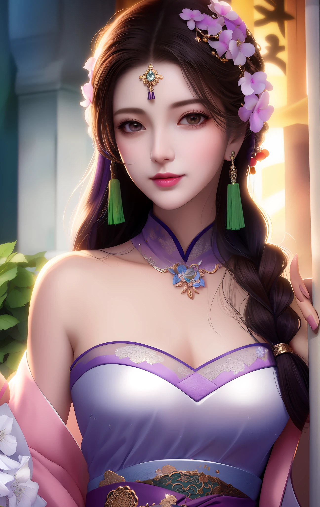 best quality, masterpiece, Upper body, night, full moon, 1 girl, mature woman, Chinese style, ancient China, sister, imperial sister, smile, dark brown hair, dark hair, princess cut, a Fried Dough Twists braid, coiled hair, double ball head, light pink lips, calm, intellectual, middle hair, green eyes, hairpin, hydrangea, fine face, facial close-up, hand close-up, Beautiful face, photorealistic, rim lighting, two tone lighting, (high detailed skin:1.2), 8k uhd, dslr, soft lighting, high quality, volumetric lighting, Photograph, high resolution, 4k, 8k, Bokeh, (nsfw:1.2), purple hair color,