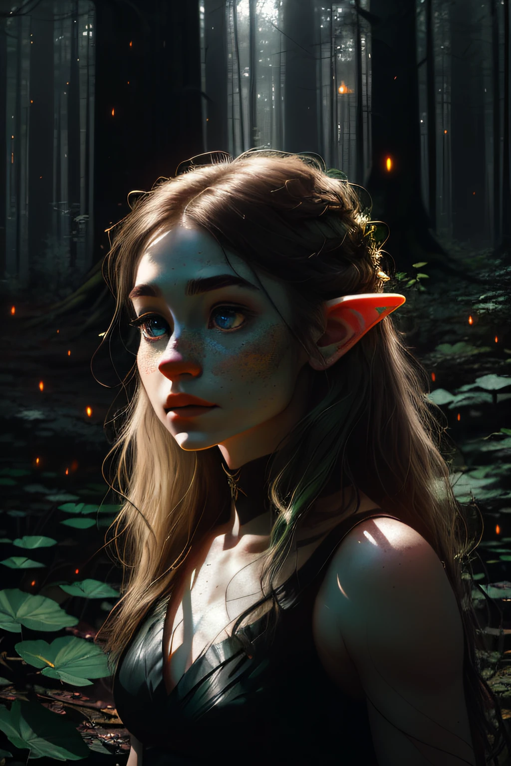 a portrait of a elf girl with freckles and bright striking blue eyes posing for a photo,full body, bare shoulders, muscular, fit, defined abs, thongs, (prominent cameltoe) white freckles, long flowing green hair flying, glowing radiance, beautiful pale makeup, color portrait, stunning portrait, elegant freckles, wearing black thongs with glowing runes of power, black gloves, star-shine, gold dust spread across her skin and her face, (dark, hyper-realistic photos (((portrait))) refraction ,Dark background of magical night forest, deep woods, towering ruins, starlight skies, A mystical and epic landscape, featuring a fantastical and surreal world of floating islands, giant trees, and mythical creatures, that transport the viewer to a world of imagination and wonder, artstation, digital art, intricate, trending, bright colors suitable for viewing in public places A masterpiece, the best quality, stunning reflections, the best reflections ever. (very detailed CG unity 8k wallpapers), (best quality), (best illustrations), (best shadows), forest theme with natural elements. Tall trees, quiet streams, small glowing mushrooms surrounded by delicate leaves and branches, with fireflies and glowing particle effects,, (natural elements), (jungle theme), (leaves), (twigs), (fireflies), butterflies, (delicate leaves), (glow), (particle effects). , Isometric 3D, Octane Rendering, Ray Traced, Super Detailed